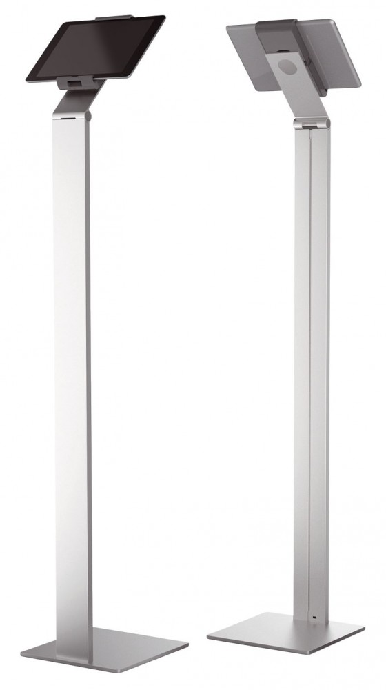 Durable tablet stand in silver metal, featuring a sleek design with a sturdy base, adjustable height, and a secure holder for tablets, ideal for presentations or displays.