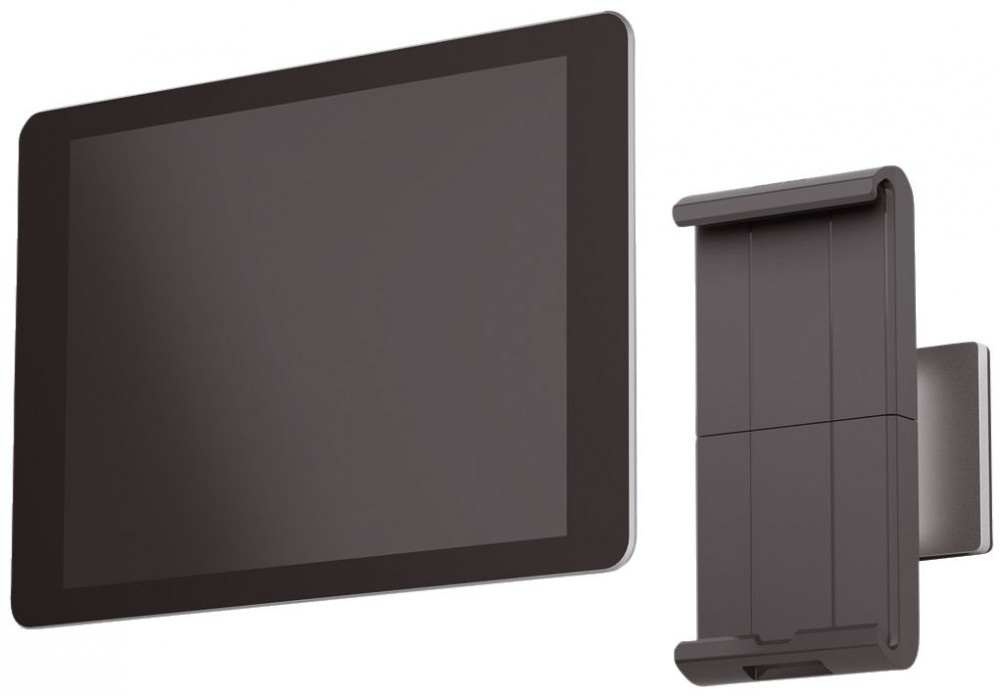 Silver wall mount tablet holder with a sleek design, featuring a sturdy bracket for secure attachment and a minimalist aesthetic suitable for various environments.