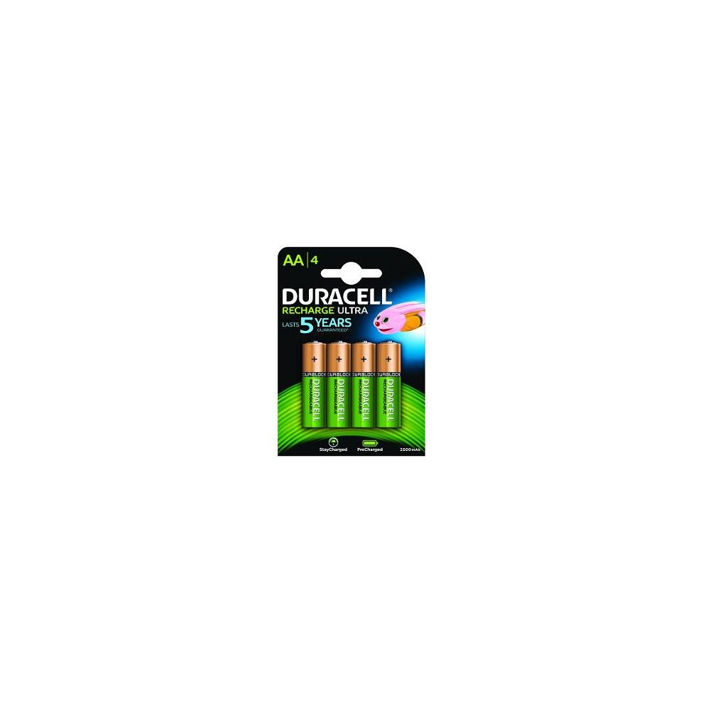 Duracell AA rechargeable batteries in a 4-pack, featuring a green and black design, with a capacity of 2400mAh and a nickel-metal hydride composition.