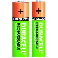 Duracell rechargeable nickel-metal batteries, orange top, green body, black band with Duracell logo, set of two.