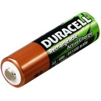 Duracell rechargeable AA battery, nickel-metal hydride, copper top, black and green label with white text.