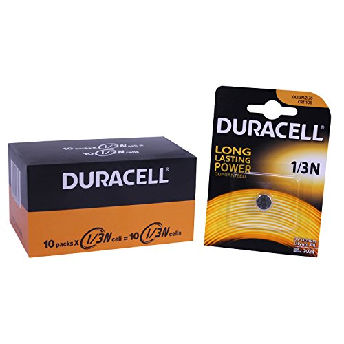 Black box packaging with "Duracell" branding, containing 10 packs of 1/3N lithium batteries, alongside a card displaying a single battery and "Long Lasting Power" text.