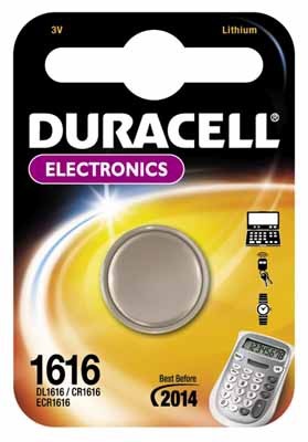 Duracell DL1616 single-use CR1616 lithium battery in a black and yellow packaging, featuring a silver battery and icons for electronics like calculators and watches.
