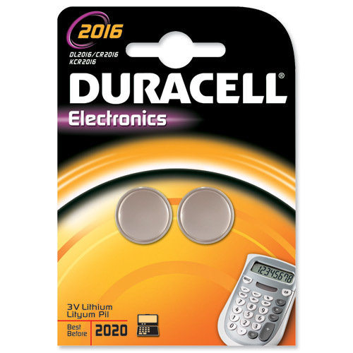 Duracell DL2016B2 lithium battery pack featuring two silver, circular batteries, displayed on a vibrant orange and black card with "Electronics" and expiration date 2020.