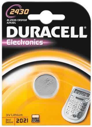 Duracell DL2430 lithium battery in a blister pack, featuring a silver coin-shaped battery, with packaging displaying "Duracell" and "Electronics" in bold black letters.