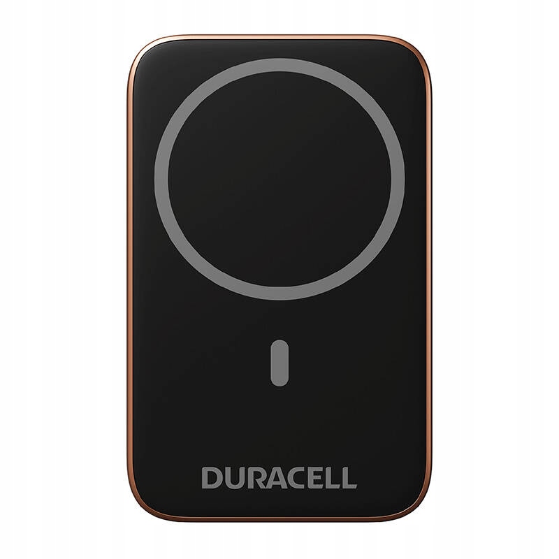 Black Duracell DRPB3020A Power Bank with a sleek design, featuring a circular charging area and a single indicator light, highlighted by a subtle copper trim.