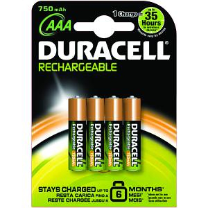 Three Duracell HR3-B rechargeable AAA batteries, featuring a gold and black design, packaged with a label indicating 750 mAh capacity and up to 35 hours of usage per charge.