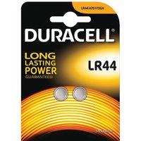 Duracell LR44 alkaline button batteries, 2 pack, on black and orange card with "Long Lasting Power" text.