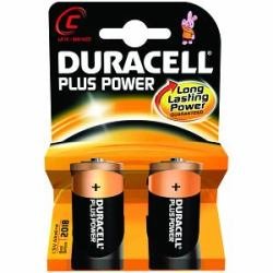 Duracell MN1400B2 C alkaline batteries in a blister pack, featuring a vibrant orange and black design with "Plus Power" and "Long Lasting Power Guaranteed" labels.
