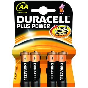 Duracell MN1500B4 AA alkaline batteries in a blister pack, featuring four black batteries with orange and black labels, emphasizing "Plus Power" and "Long Lasting Power Guaranteed."