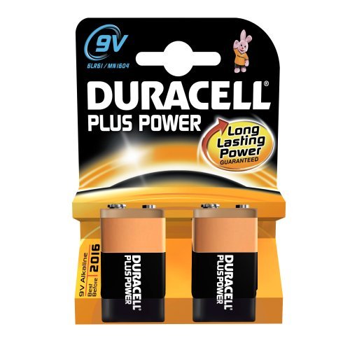 Two Duracell MN1604B2 9V alkaline batteries in a blister pack, featuring a copper top, black bottom, and the Duracell logo with a pink bunny on the packaging.