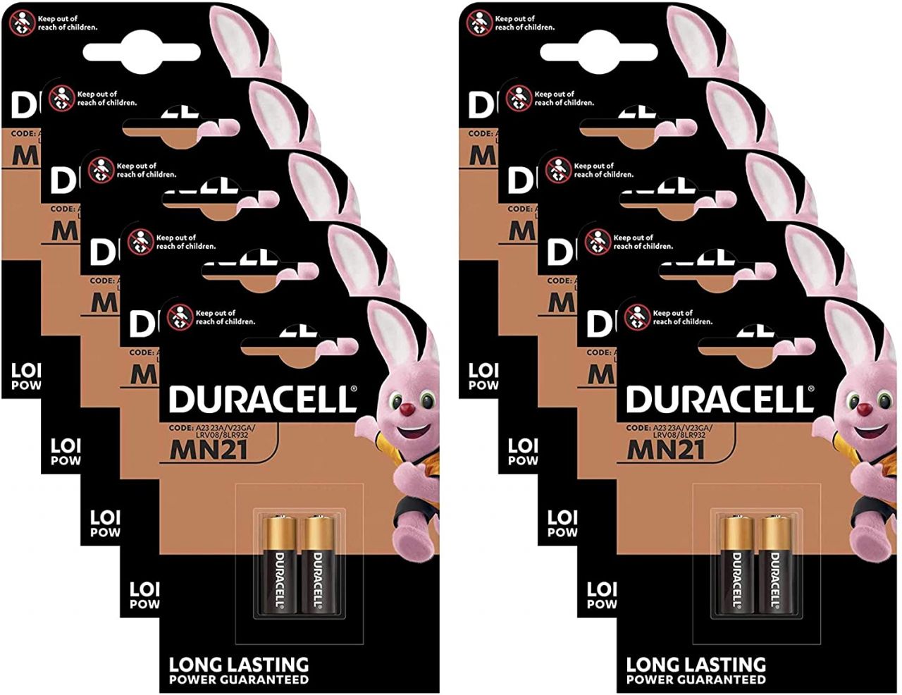 Duracell MN21-X2 alkaline battery pack featuring a gold and black design with a pink bunny mascot, showcasing multiple single-use batteries in a retail package.