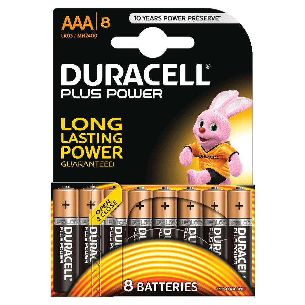 Duracell MN2400B8 AAA alkaline batteries in a blister pack, featuring a pink bunny mascot, with "Long Lasting Power" and "10 Years Power Preserve" printed on the packaging.