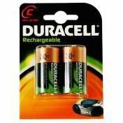 Two Duracell C size rechargeable batteries in a blister pack, featuring a copper top and green label, with "Rechargeable" printed prominently on the packaging.