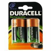 Two Duracell rechargeable D size batteries in a blister pack, featuring a black and green design with orange accents and labeled "Rechargeable."