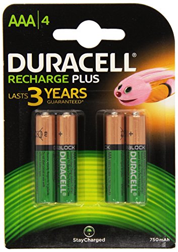 Four Duracell HR03 DC2400 Recharge Plus NiMH AAA rechargeable batteries in a green and gold packaging, featuring a pink cartoon character and stating "Lasts 3 years guaranteed."
