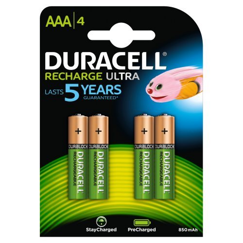 Duracell StayCharged AAA rechargeable battery pack featuring four nickel-metal hydride batteries with a capacity of 850 mAh, displayed on a colorful card with a pink character.