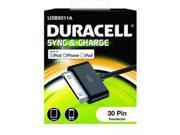 Duracell 1m black sync and charge cable with a 30-pin connector, packaged in a green and black box, labeled for use with iPod, iPhone, and iPad.