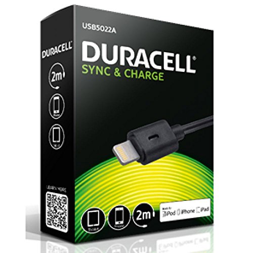 Duracell 2m black Apple Lightning sync and charge cable packaging, featuring a prominent "SYNC & CHARGE" label and icons for iPod, iPhone, and iPad compatibility.