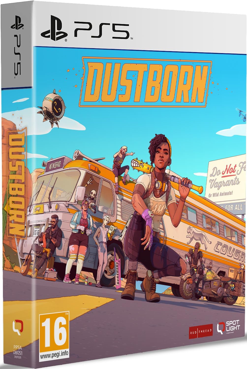 Dustborn Deluxe Edition for PS5 features a vibrant cover with a stylized illustration of a young woman holding a weapon, alongside a colorful bus and bold orange title.
