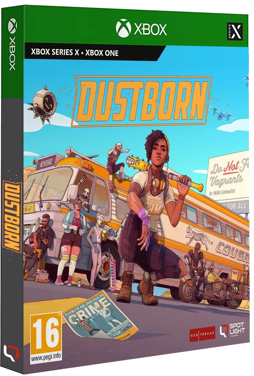 Dustborn Deluxe Edition for Xbox Series X features vibrant artwork with a female character in front of a colorful van, showcasing a blend of action and adventure elements.