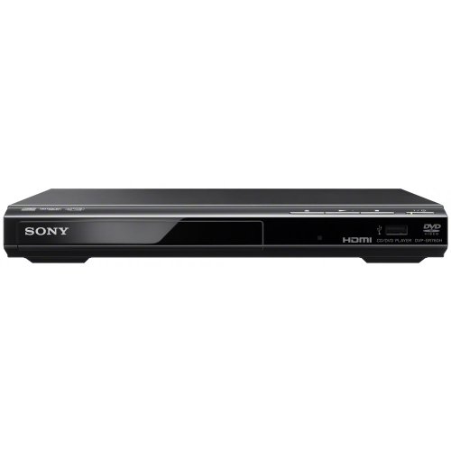 Sleek black Sony DVD player featuring a front-loading tray, HDMI port, and minimalistic design with a silver accent line and control buttons on the top.