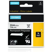 Dymo polyester ribbon, black on white, 24mm width, in branded packaging with yellow and black design elements.