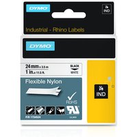 Dymo black on white nylon ribbon, 24mm x 3.5m, in packaging with industrial label and icons.