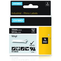 Dymo 1805436 white on black vinyl ribbon, 19mmx5.5m, in packaging with industrial Rhino labels branding.