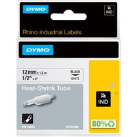 Dymo heat shrink tubes, black on white, 12mm x 1.5m, in a yellow and gray package with product details.
