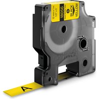 Black Dymo heat shrink tube cartridge with yellow label, 12mm x 1.5m, showing black text on yellow tape.