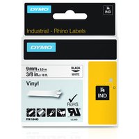 Dymo 18443 black on white vinyl ribbon, 9mm x 5.5m, in branded packaging with label illustrations.
