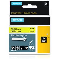Dymo black on yellow flexible nylon ribbon, 19mm x 3.5m, in a black and yellow industrial packaging.