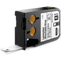 Black Dymo DirectLabel cartridge with white label, two gold spools, and product details on the side.