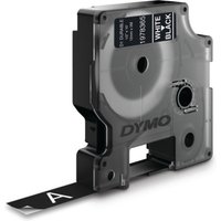 Black Dymo label cassette with white text, transparent casing, and visible label strip extending from the bottom.