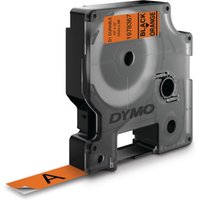 Black Dymo label cassette with orange vinyl tape, displaying "BLACK ON ORANGE" text, size 12mm x 5.5mm.