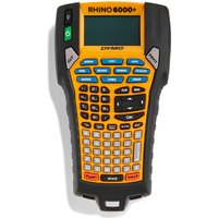 Orange and black DYMO RHINO 6000+ label maker with full QWERTY keyboard and LCD screen.