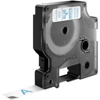 Black Dymo label cassette with blue on white tape, 12mm x 7m, showing a single letter "A" on the tape.