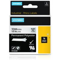 Dymo polyester ribbon, black on transparent, 12mm x 5.5m, in packaging with yellow and black design.