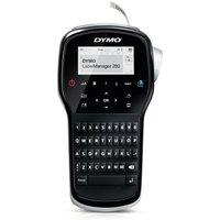 Black DYMO LabelManager 280 with QWERTY keyboard, LCD screen, and label tape slot at the top.