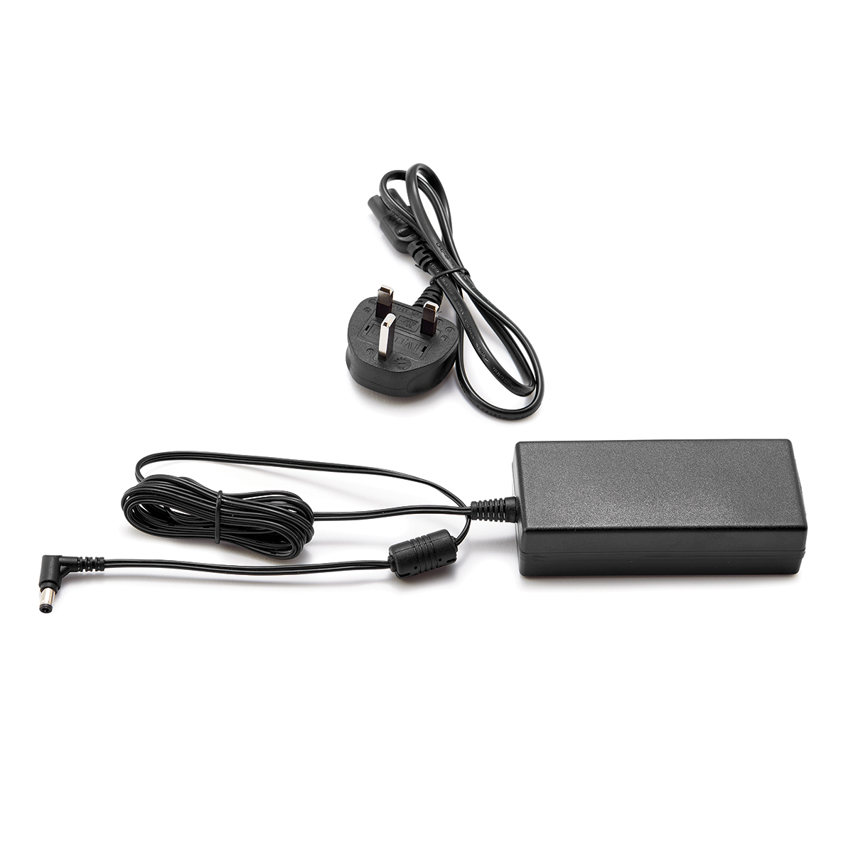 Black power adapter with a UK plug, featuring a long cable and a connector for the Dymo Labelwriter, designed for wireless operation.