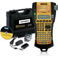 DYMO RHINO 5200 label printer with yellow keypad, black case, charger, and accessories.
