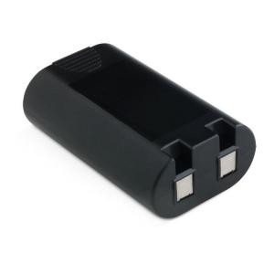 Black rechargeable battery with a smooth, rounded design and two metal contact points, labeled as Dymo Rhino 6000 Battery 34806J.