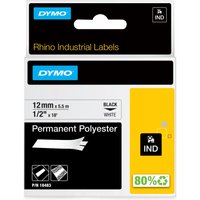 DYMO Rhino Industrial Permanent Polyester Labels, 12 mm x 5.5 m, black text on white, in yellow and black packaging.