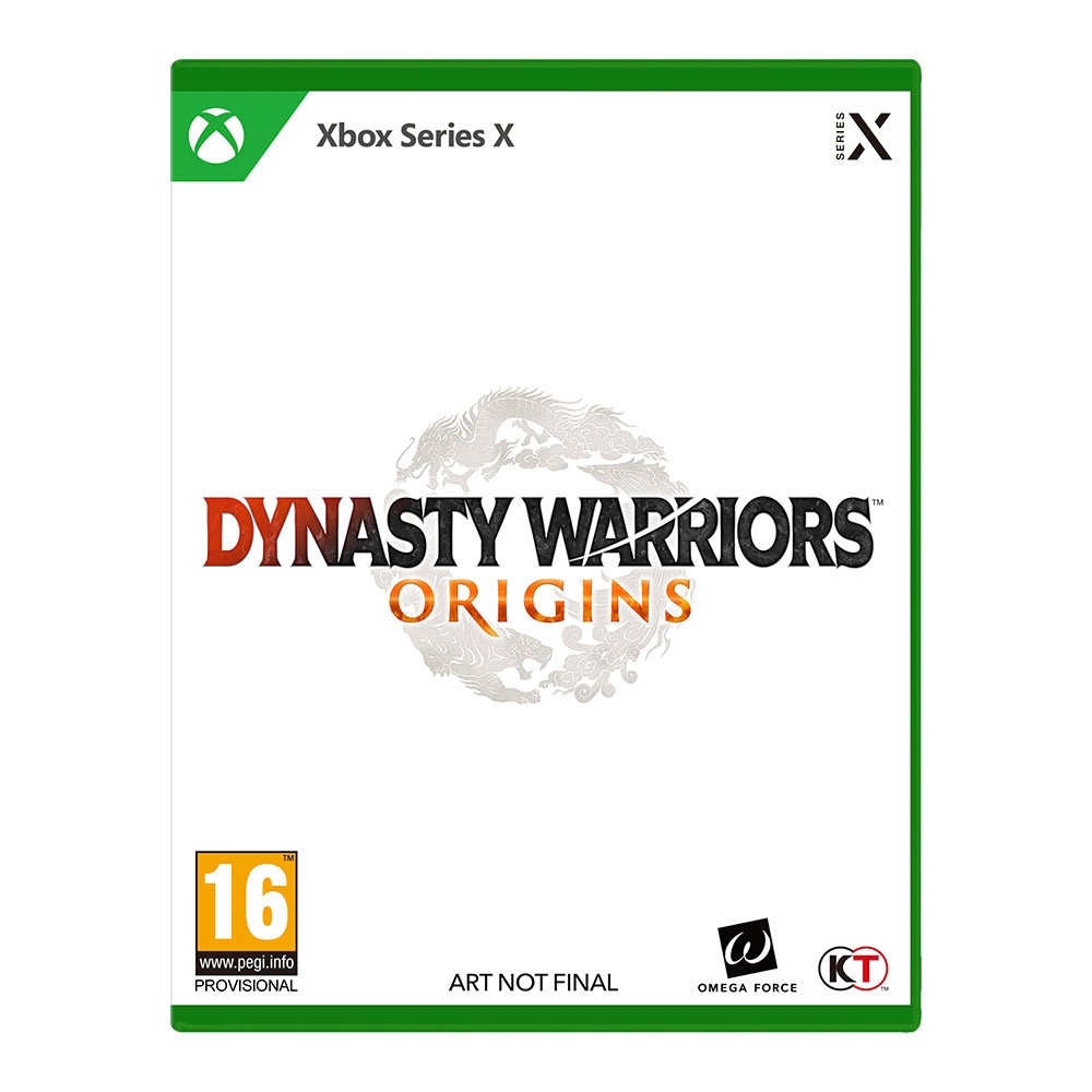 Green Xbox Series X game case featuring "DYNASTY WARRIORS: ORIGINS" title in bold black and white text, with a dragon logo and age rating of 16 in the bottom corner.