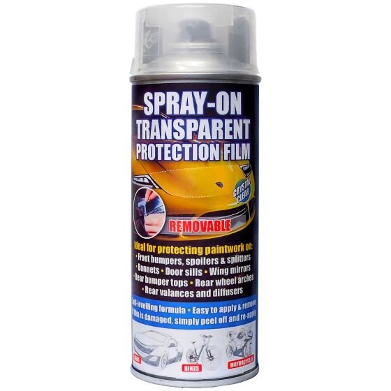 E-Tech Engineering's 400ml spray can of transparent protection film, featuring a bright yellow label, highlights its removable formula for protecting automotive surfaces like bumpers and mirrors.