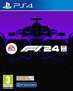 EA SPORTS F1 24 for PlayStation 4 features a sleek black and purple cover with a racing car silhouette, bold white logo, and age rating of 3+.
