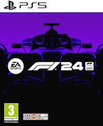 EA Sports F1 24 for PS5 features a sleek black and purple cover with a stylized racing car silhouette, the EA logo, and age rating symbols prominently displayed.