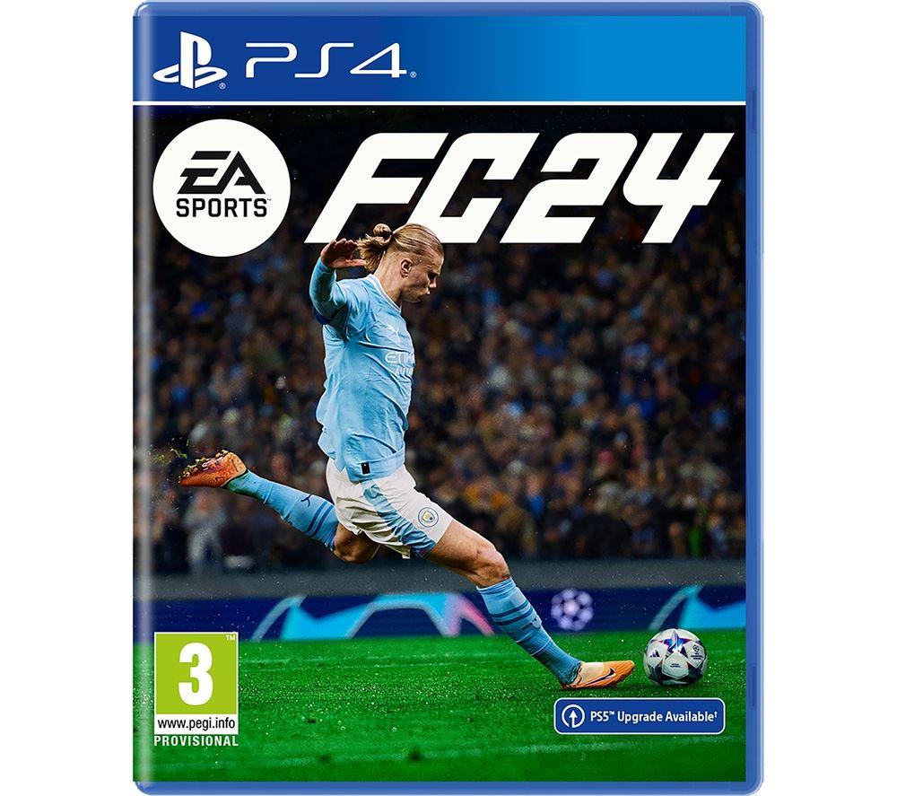 EA Sports FC 24 for PlayStation 4 features a blue case, with a dynamic soccer player in a light blue jersey on the cover, and bold white text displaying the game title.