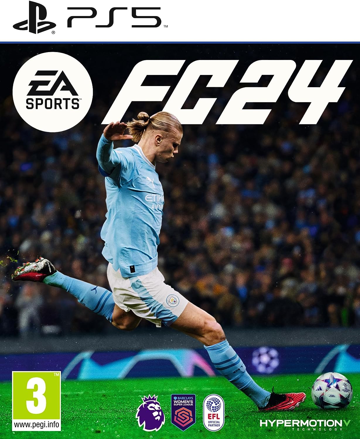 EA SPORTS FC 24 cover featuring a player in a light blue Manchester City kit, kicking a soccer ball, with the game title and PS5 logo prominently displayed.
